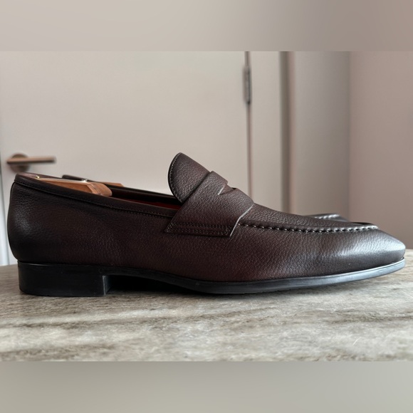 SANTONI BROWN PEBBLED LEATHER PENNY LOAFERS $1000 10.5 Moccasins Slip On Kiton - Picture 2 of 9